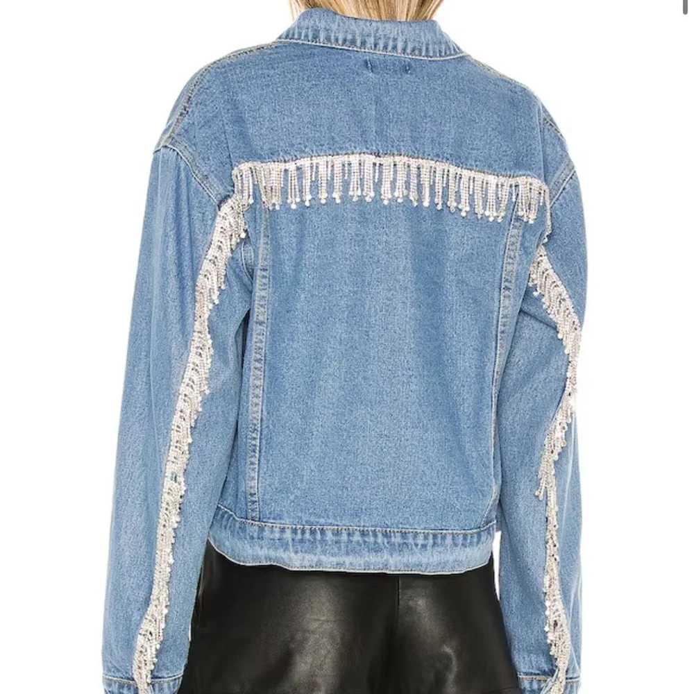 Superdown Revolve Raya Rhinestone Fringe Jacket in Light Blue Wash size large - Picture 3 of 8